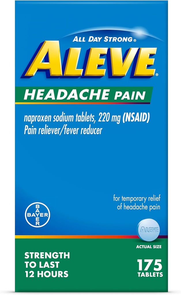 Aleve Dureri de cap Relieiver & Fever Reductor Tablete, Naproxen Sodiu, pentru dureri de cap, Pain Medicine pentru adulți, dureri de cap calmante pastile, 175 Conte