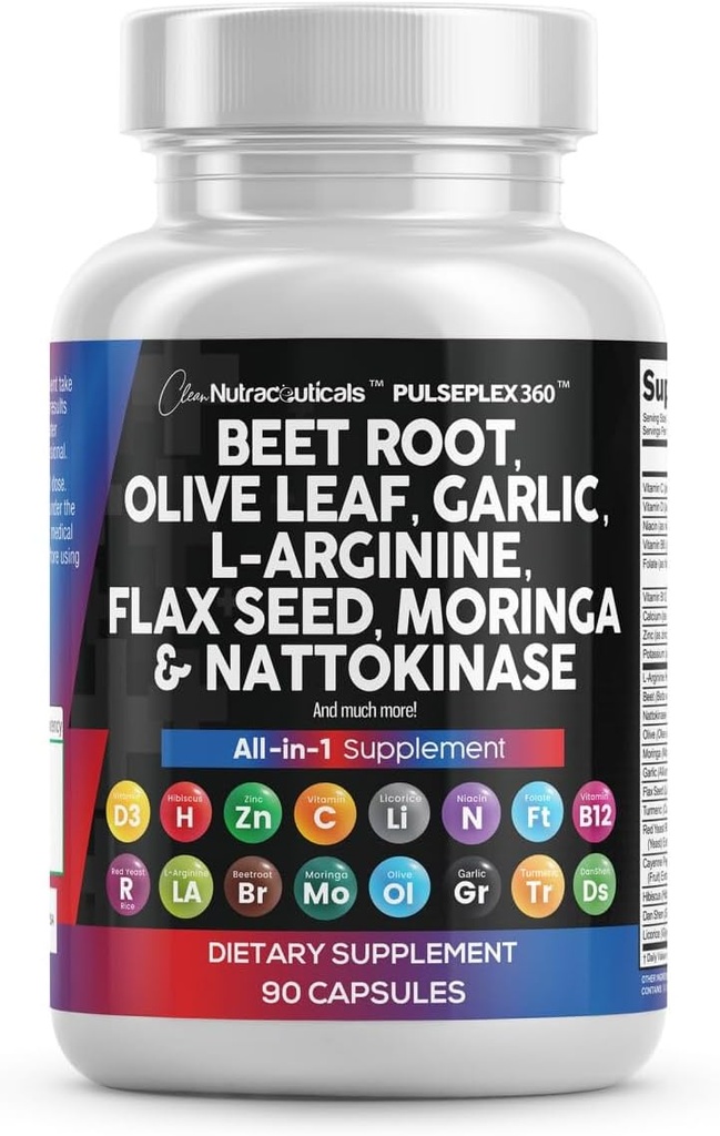 Curat Nutraceuticals Sfeclă de rădăcină Capsule de frunze de măsline Nattokinaza Ulei de usturoi extract L-Arginină Omega 3 Red Yeast Rice Hibiscus Danshen - Supliment de sprijin sănătos - 90 Ct