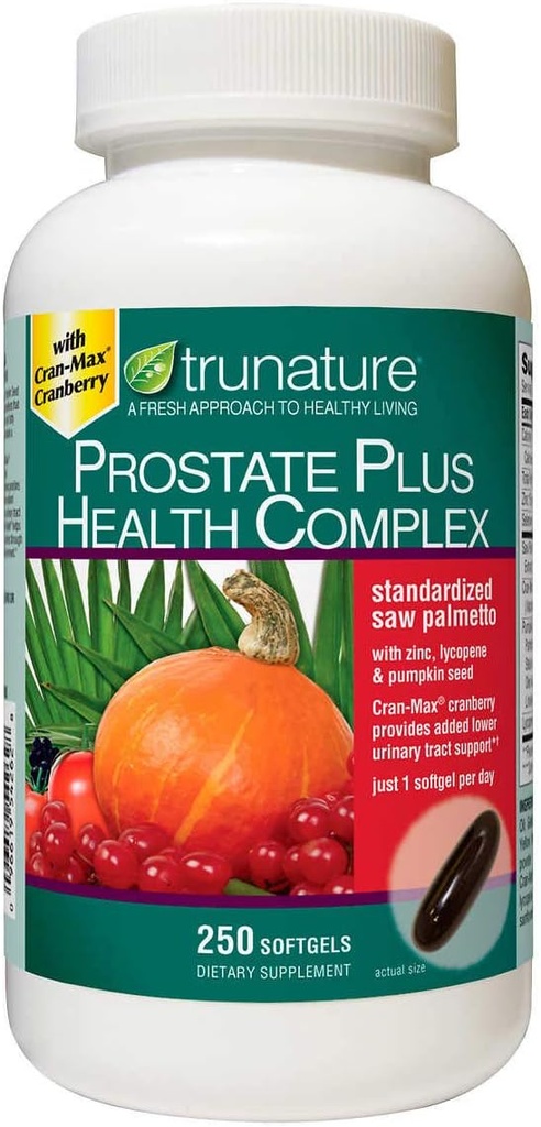 TruNature Prostate Plus Complex de sănătate - Saw Palmetto cu zinc, Licopen, Seminte de dovleac - 250 Softgels