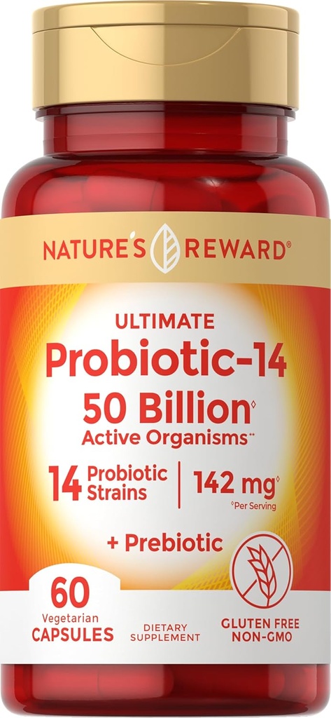 Probiotice cu prebiotice - 60 capsule - 142 mg - 50 miliarde de organisme active - vegetariane, non-GMO & Gluten supliment gratuit - prin recompensa naturii
