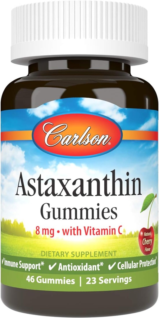 Carlson - Astaxanthin Gummies, cu vitamina C, suport imun, antioxidant, Heart Health, Non-GMO, Cherry Flavor, 46 Vegetarian Gummies