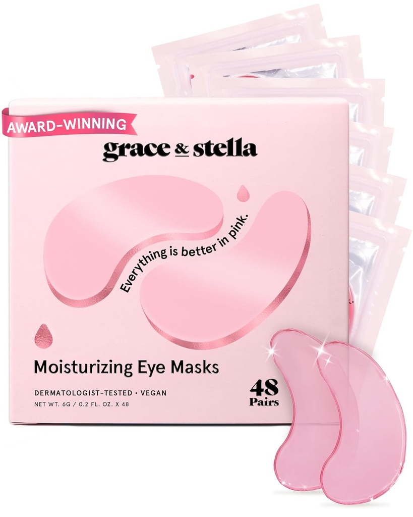 Grace & Stella Premiu Câștigătoare sub masca ochi - Reduce cercuri întunecate, ochi pufos, saci de ochi, riduri - Gel sub ochi patch-uri - Cadouri pentru prietena - Vegan Cruzimea-Libera Self Care (48 perechi, roz)