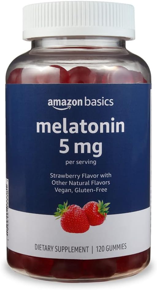 Bazele Melatoninei, gumei de susţinere a somnului, aromă de căpşuni, 5mg, 120 Count (fost Solimo)