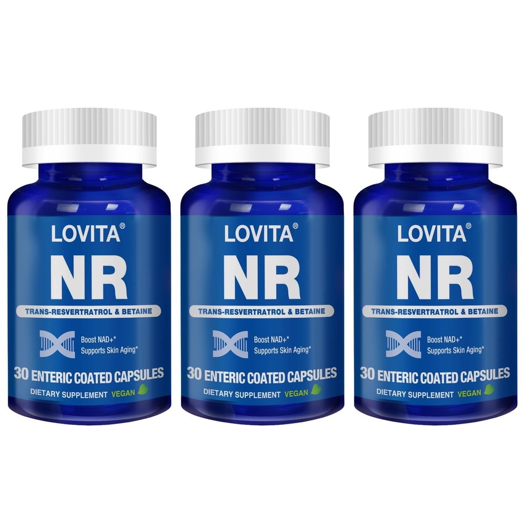Lovita NR (Nicotinamidă Ribozidă) 350 mg, Suplimentul NAD cu Trans-Resveratrol şi Betaină, Promovează nivelurile NAD Plus, Îmbătrânire sănătoasă, 30 capsule enterice vegane (pachet de 3)