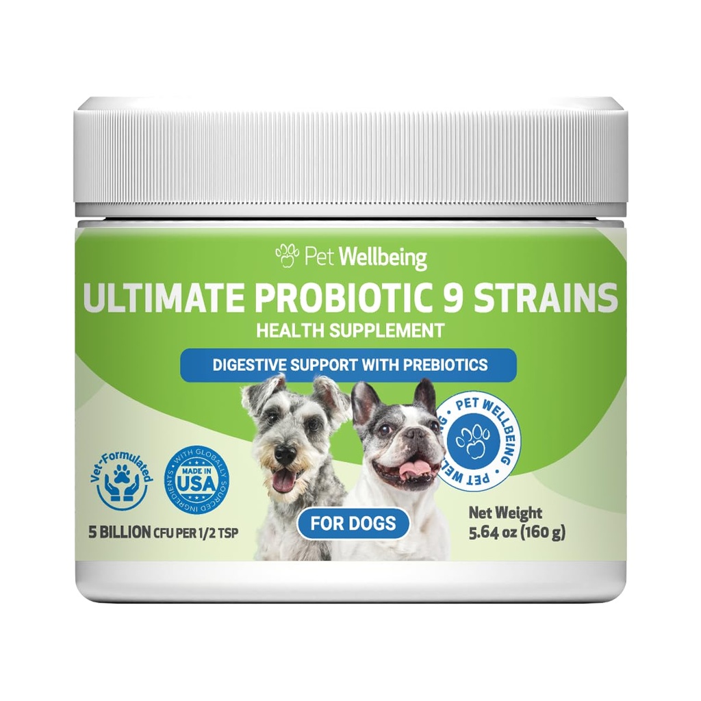 Pet Wellbeing - Ultimate Probiotic 9 Tulpini pentru pisici și câini - Suport Natural pentru Digestia și Sănătatea Tractului urinar 160 Grams.