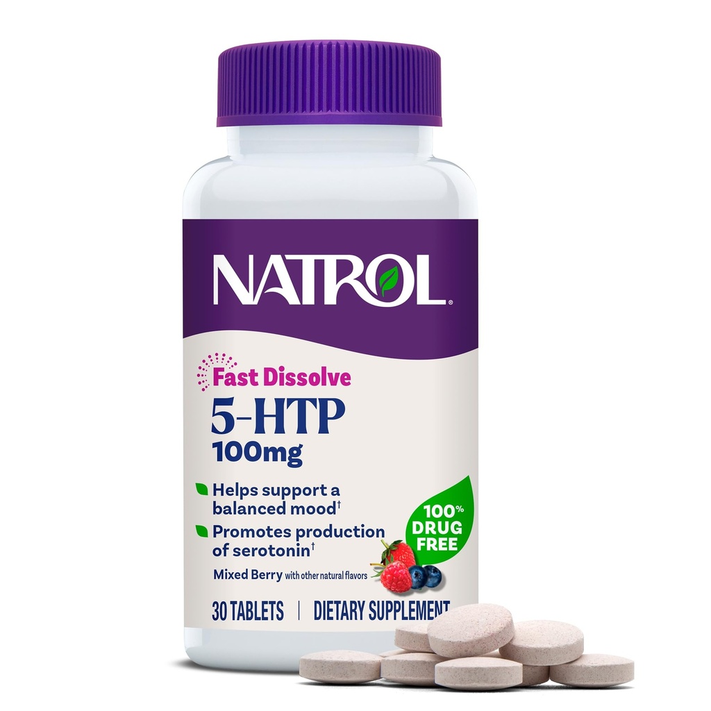 Natrol 5-HTP 100 mg, supliment de dizolvare rapidă, susține o stare de spirit echilibrat, Serotonina de producție și General Well-Being, 30 comprimate mixte Berry, până la o aprovizionare de 30 zile