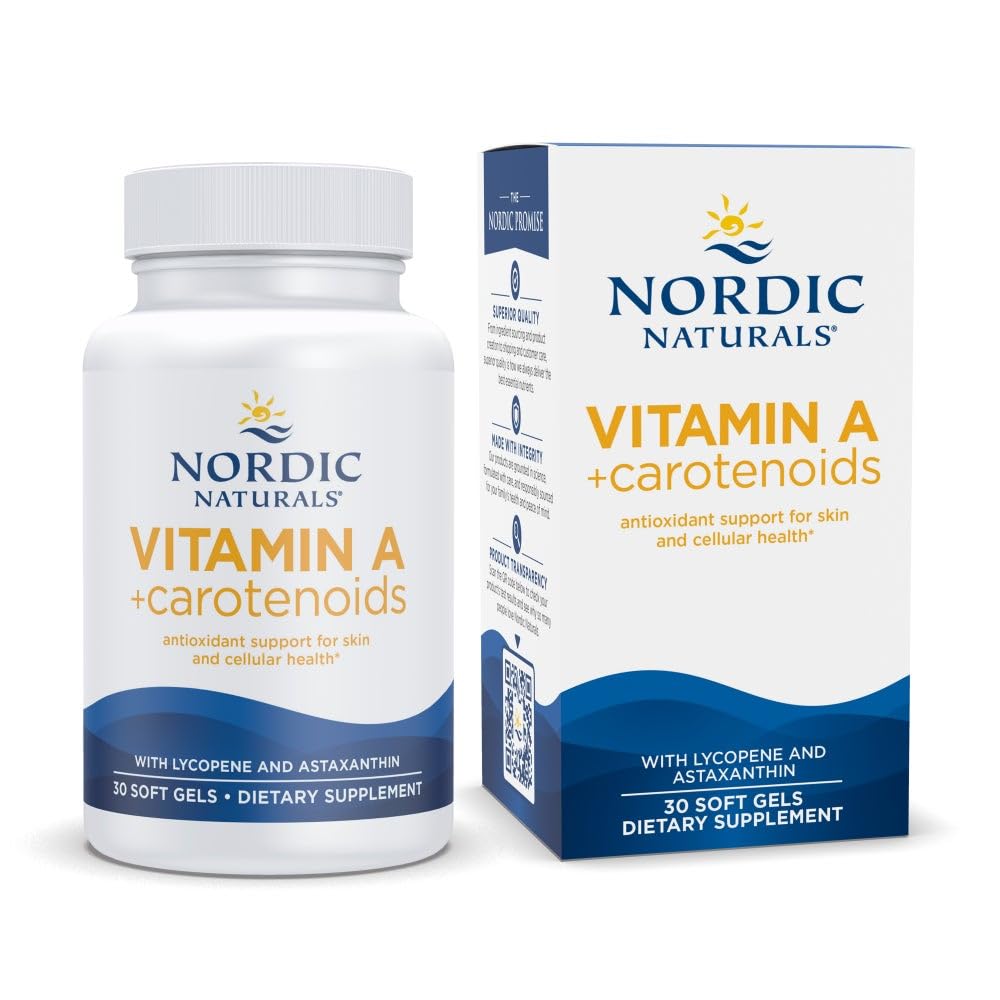 Nordic Naturals Vitamina A + Carotenoids, Nearomated - 30 Soft Gels - Lycopene & Astaxantină - Sprijină pielea, Cellular Health - Non-GMO - 30 Servings