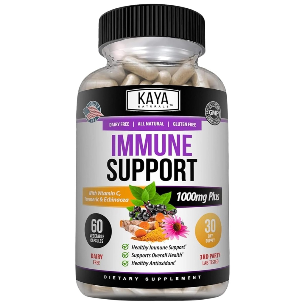 Kaya Naturals Elderberry Immune Support, Elderberry cu zinc şi vitamina C pentru adulţi Vitamine, Probiotice & Turmeric 1000 mg Sistem imunitar Booster Sambucus capsule - 60 Conte