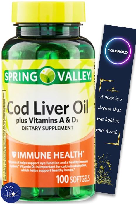Cod Ulei de ficat Plus Vitamine A & D3 Sănătate imună Supliment alimentar Softgels Spring Valley, 100 Conte și Bookmark Cadou de Yolomolo