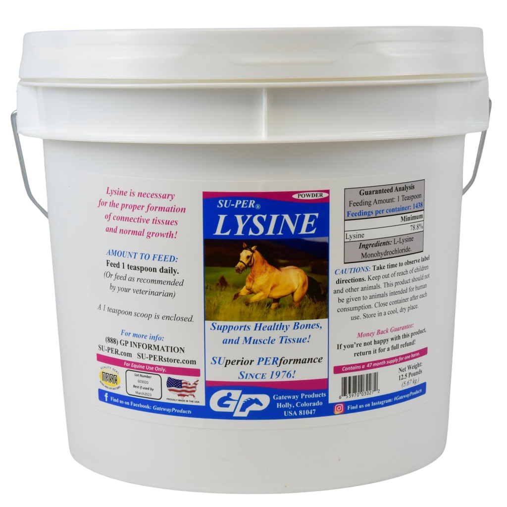 SU-PER Lysine Supliment pentru cai - Sprijină oase sănătoase și țesuturi musculare - Equine Essential Amino Acid - 12,5 Lire, 47 Luna de aprovizionare