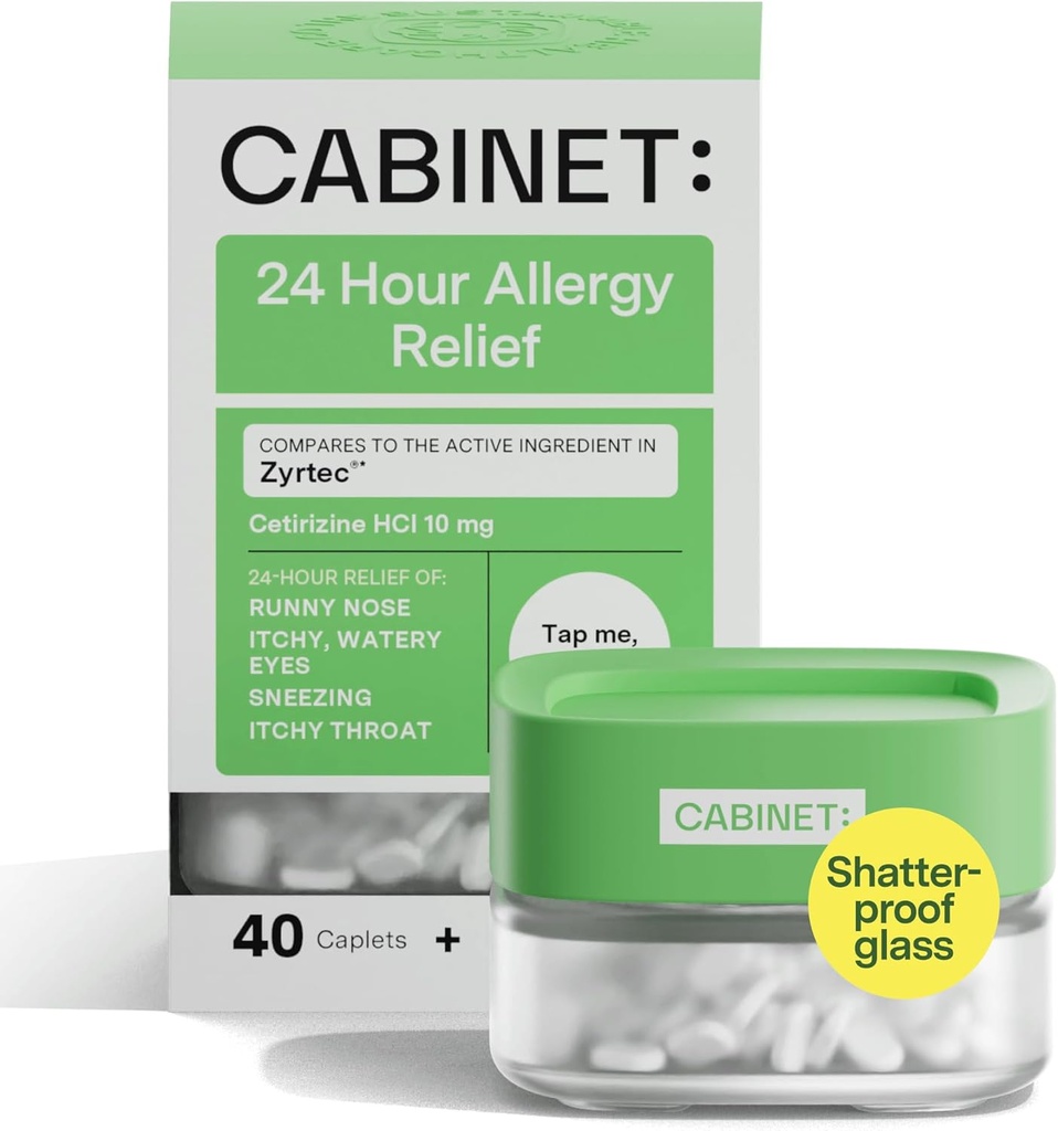 Cabinet: Toată ziua Alergie Ajutor Cetirizina 10mg pentru ajutor non-drowsy de la alergii frecvente Simptome (Jar de sticlă reîncărcabil)