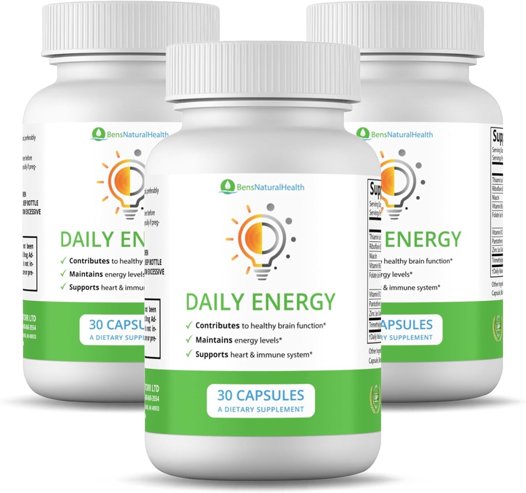 Ben's Natural Health Daily Energy B-Vitamin Complex cu TMG și Zinc pentru Energie Naturală, Stres, Focus & Imune Support, 30 Capsule, 3 Pack