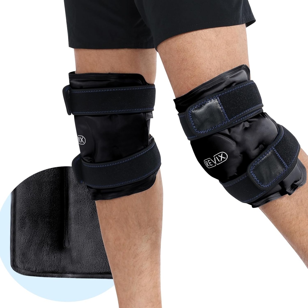 Pachete de gheață REVIX pentru relaxare genunchi, Wraps gel reutilizabil cu compresie rece pentru flexibilitate îmbunătățită și recuperare, Coperta de plus și rece lung-Lasting, Un set de două, negru