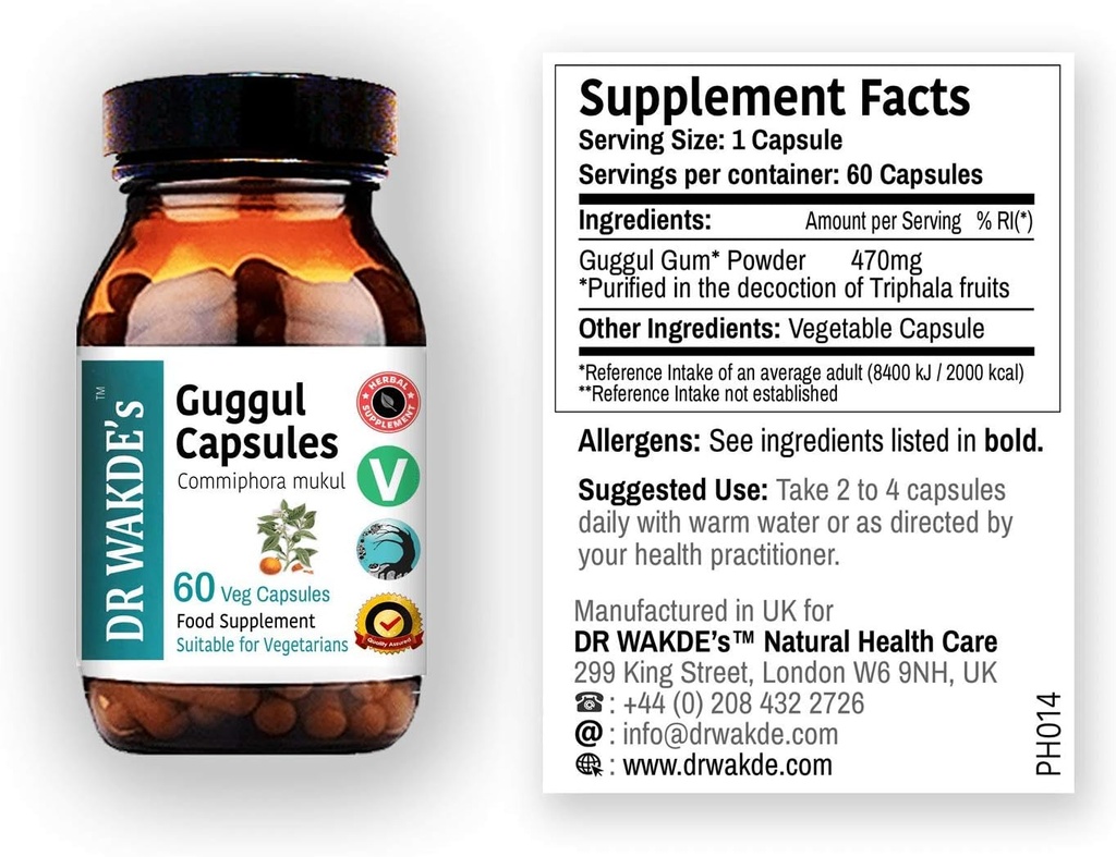 Capsulele Guggul ale DR WAKDE (Mukul Myrrh, Commiphora Mukul, 60 Veg Caps, Plant-Based Supplement, Ayurvedic Herb, All Natural, Vegan)
