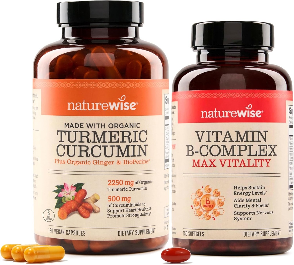 Natura Wise Curcumin Turmeric 2250 mg & Vitamina B Complex pentru femei și bărbați - 150 Softgels Cellular Energy Mental Clarity Support