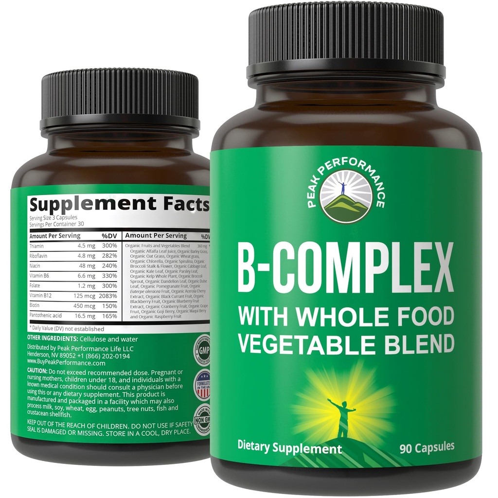 Capsule complexe de vitamina B + amestec alimentar întreg de 25 legume și fructe pentru absorbție maximă. Cel mai bun Vegan B-Complex Supliment cu vitamina B1, B2, B3, B5, B6, B7, B9 și B12. 90 Capsule. Creșterea energiei