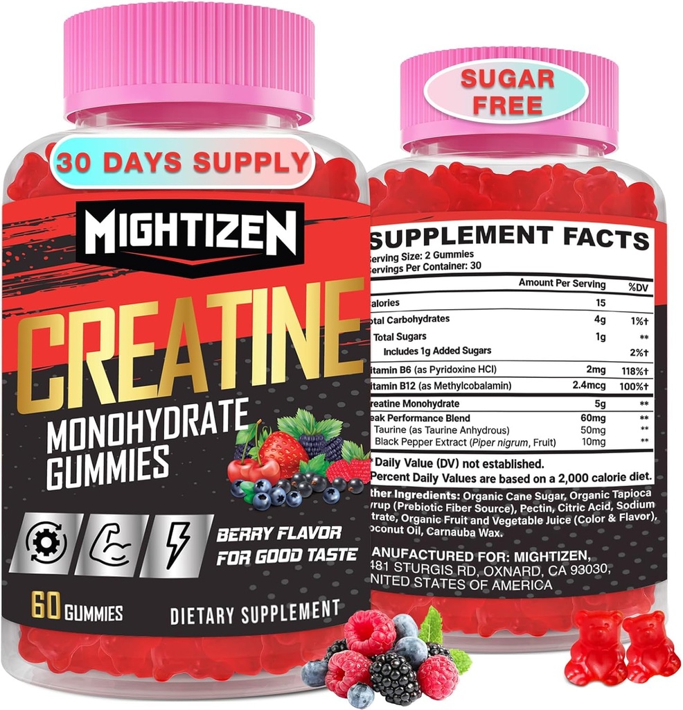 Creatine Monohidrat Gummes pentru barbati si femei, Creatina pentru femei Masticuri Creatina Monohidrat cu Taurina si Vitamina B12, Gume pre-workout pentru putere maxima, energie si rezistenta, Berry 60 Counts