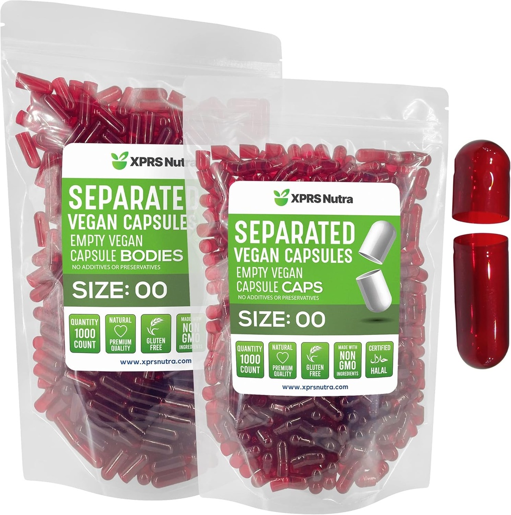 XPRS Nutra Vegan Dimensiune 00 Capsule separate - 1000 capsule Premium goale separate în pungi - 00 pastile goale pentru umplere suplimentară DIY (Roșu curat)