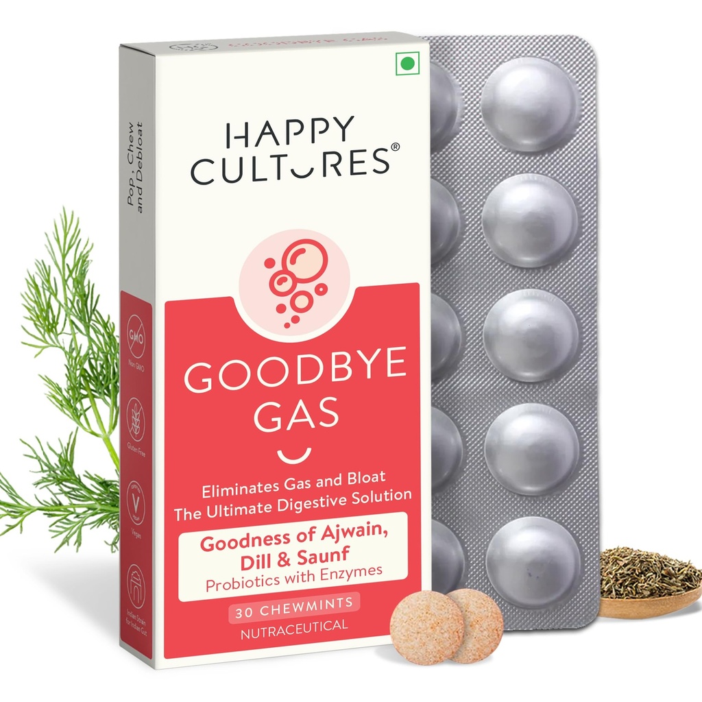 Culturi fericite Adio gaz, capsule masticabile de gaz pentru sănătate digestivă, balonare și indigestie cu Simethicone 50mg - 30 Masticabile