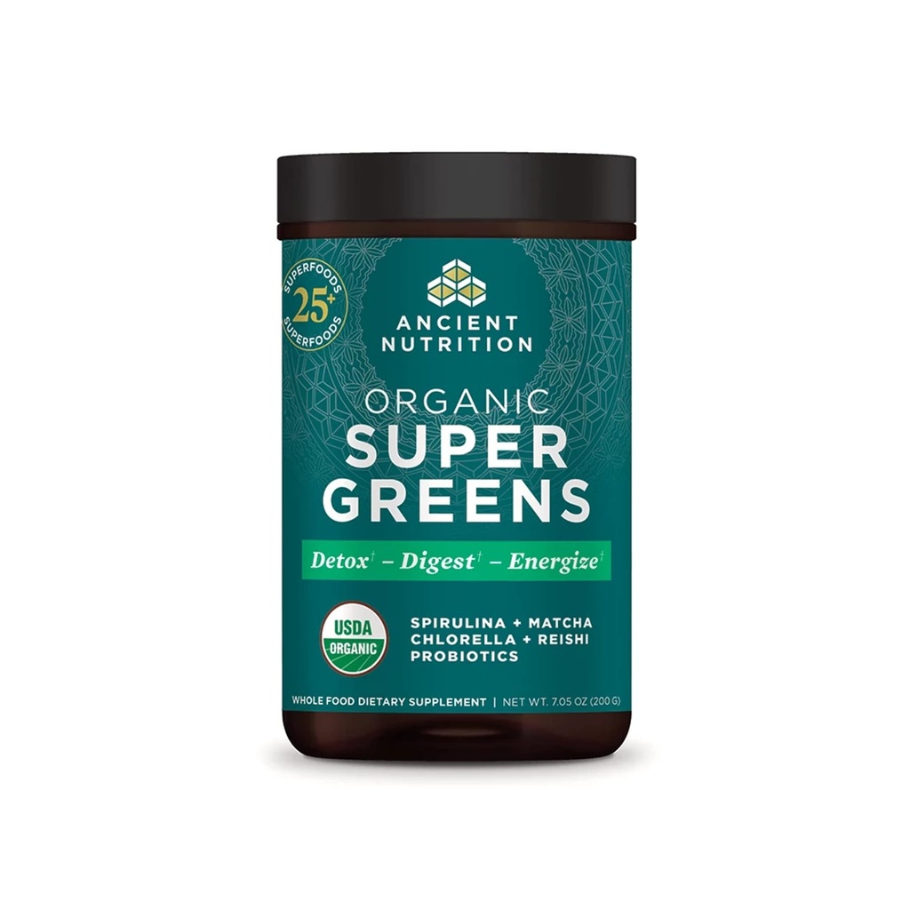 Nutriție antică Super Greens pulbere, Superfood organic pulbere cu probiotice Made with Spirulina, Chlorella, Matcha, and Digestive Enzime, 25 Servings, 7.05oz