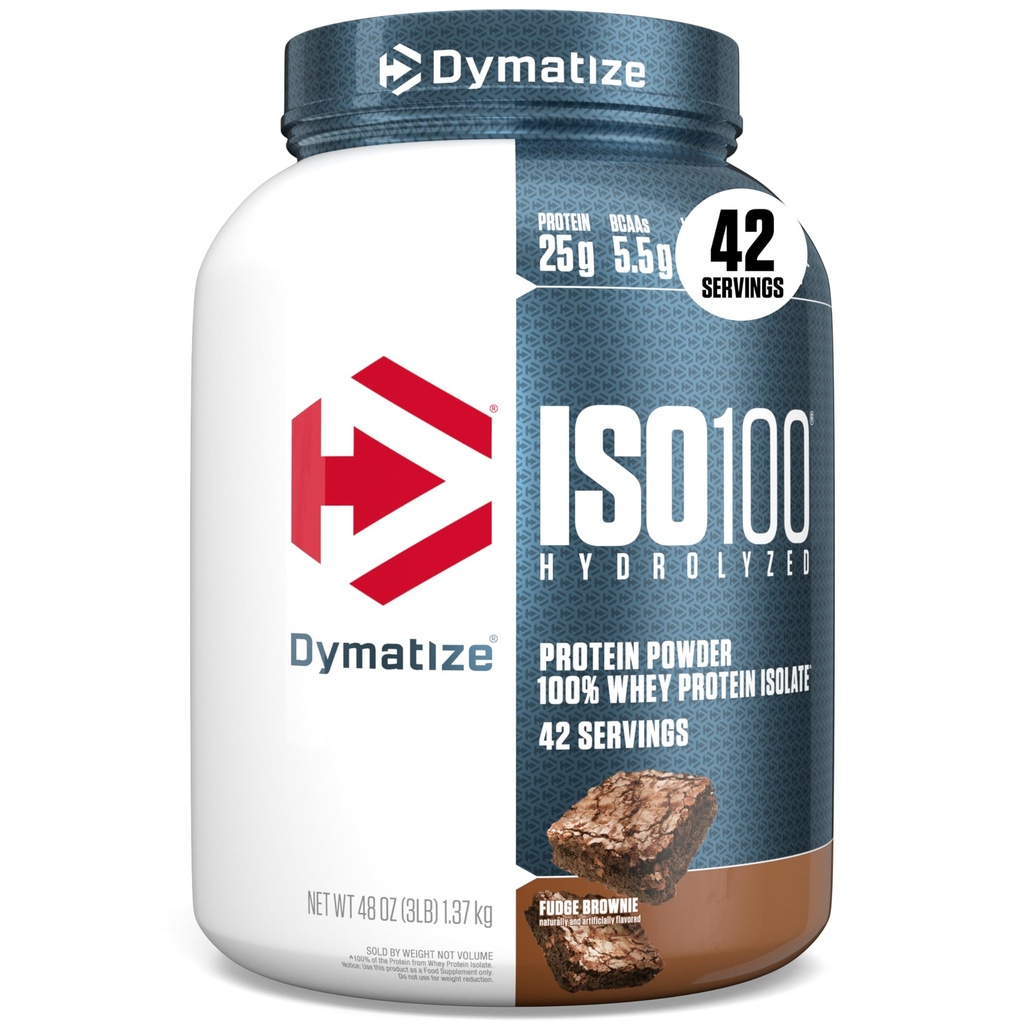 Dymatize ISO100 Whey Pulbere de proteine Izolat, Fudge Brownie, 25g de proteine, 3 Lire, 5,5g BCAAs, mai puțin de 120 Cal., Gluten gratuit, 1g Fat, 1g zahăr, 2g Carb (42 Servings)