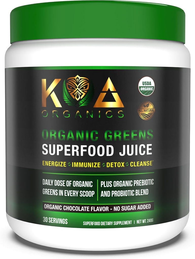 Greens Superfood Juice Powder - USDA Organic Super Greens Pulbere cu Spirulina, Chlorella, Matcha, Wheat Grass, Enzime Digestive & Probiotice - Ciocolata Aroma -30 Serv