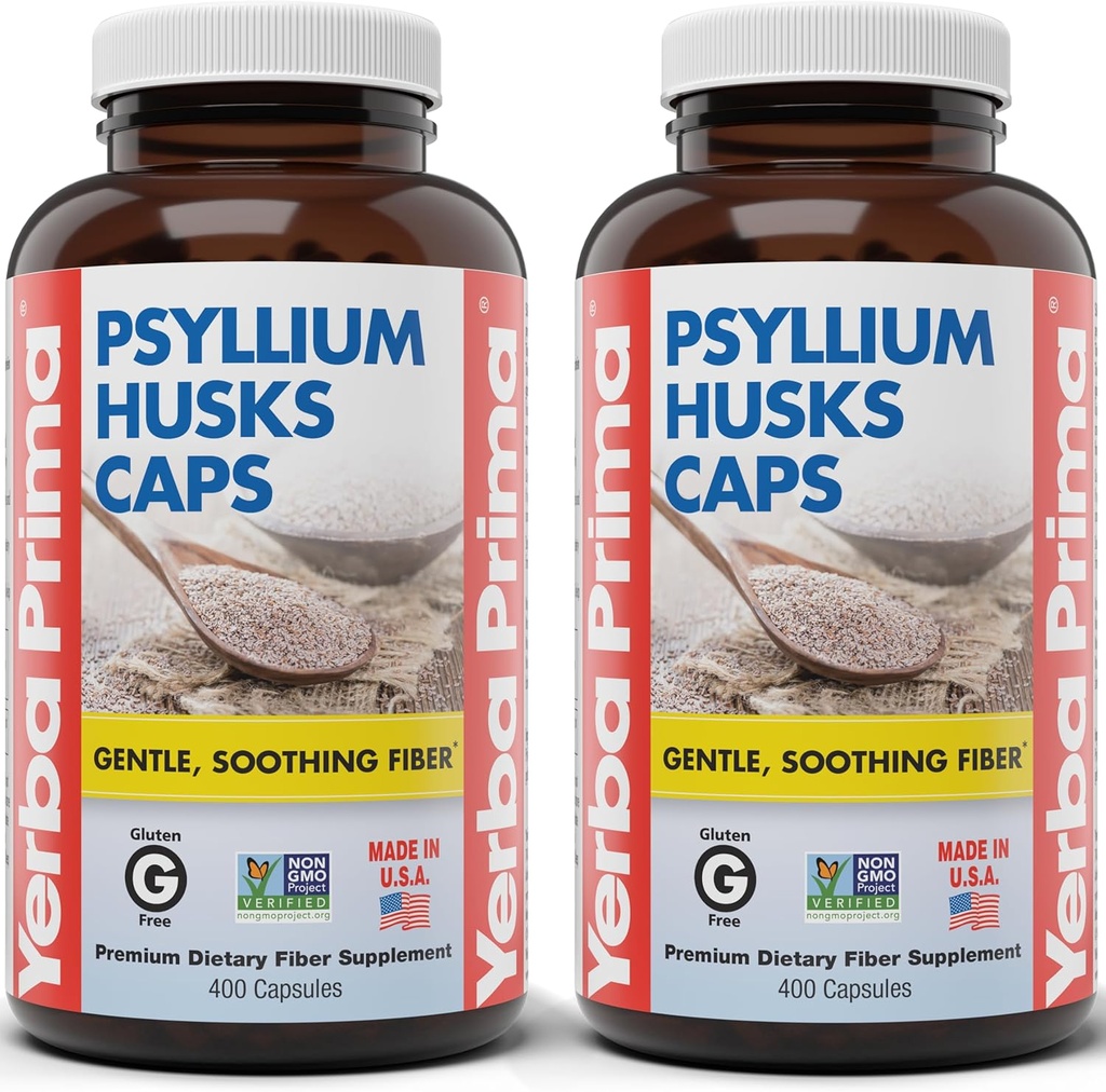 Yerba Prima Psyllium Husks Caps, 625 mg, 400 capsule (Pachet de 2) - Fibră naturală pentru bărbați și femei - Supliment de sprijin de regularitate