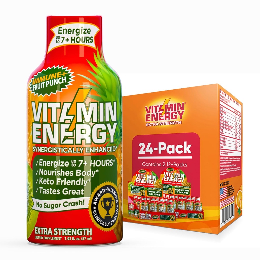 Vitamina Energie Immune+ Extra Putere Energie Shot Fructe Punch 24 Pack, 260mg Natural Cafeina, B-Vitamina, Ceai verde, Imunitate & Focus Suport, Zero Zahăr, Gluten-Free 1.93 fl oz