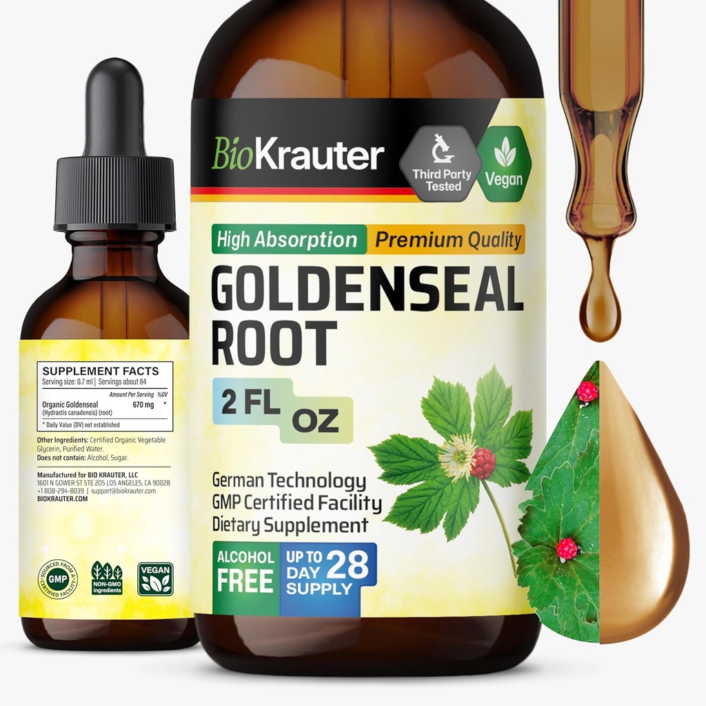 BIO KRAUTER Goldenseal Root Extract lichid - Vegan suport respirator - Golden Seal drops - Alcool și zahăr gratuit - 2 Fl.Oz.