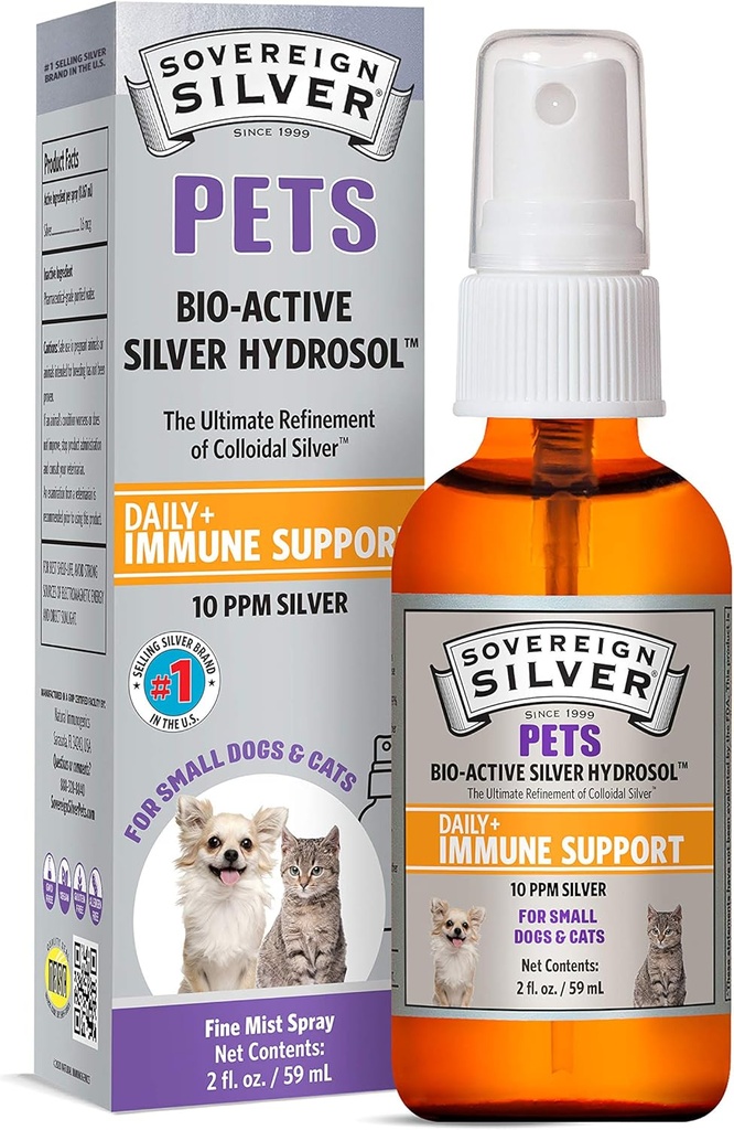 Sovereign Silver Pets Immune Support, Silver coloidal, Bio-Active Silver Hydrosol, pentru câini și pisici, 10 ppm, Fine Mist Spray, 2 Fl Oz