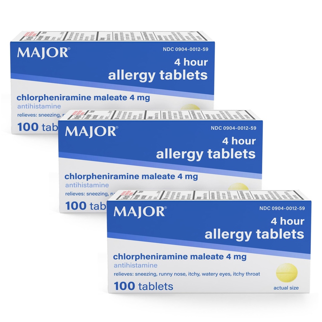 MAJOR 4 Mg Alergia Tablete - Chlorfeniramina Maleat 4-Hour Alergia Medicina - Antihistamina pentru eliberarea de Stranezing, Itchy Watery Eyes, Itchy Throat, şi Runny Nose - 100 Conte (3 Pack)