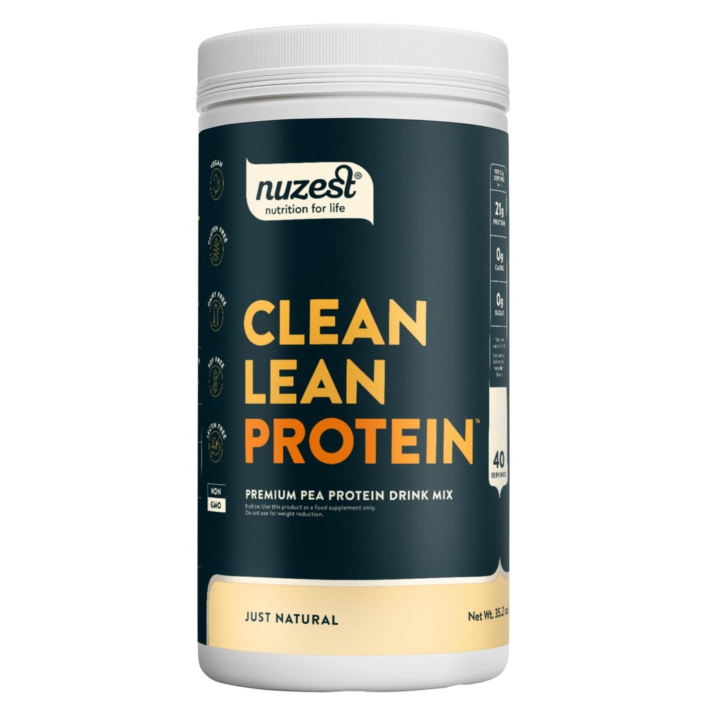 Nuzest - Pudră de proteine de mazăre - Proteină de bază curată, praf de proteine pe bază de plante Vegan Premium, lactate fără gluten, fără OMG-uri, Shake de proteine, doar naturale (UNFLAVORED), 40 Serviri, 2.2 lb