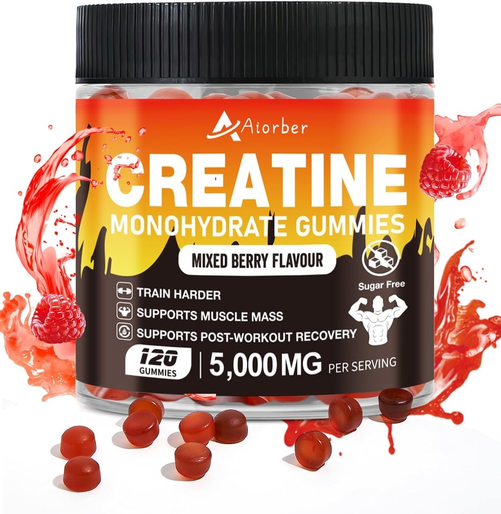 Creatin Monohidrat Gume pentru bărbaţi şi femei - 5g Creatină Monohidrat Per Servire, Suporturi antrenament, Zero Zahăr, 120 Vegan Supliment Gummies