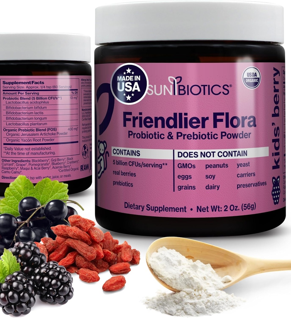 SUNBIOTICS Friendlier Flora - copii Prebiotic și supliment de pulbere probiotic cu 5 miliarde CFU de 5 Tulpini probiotice pentru Flora bun gust, Sistemul imunitar, Microbiom și echilibrat - Berry, 2 Ounce