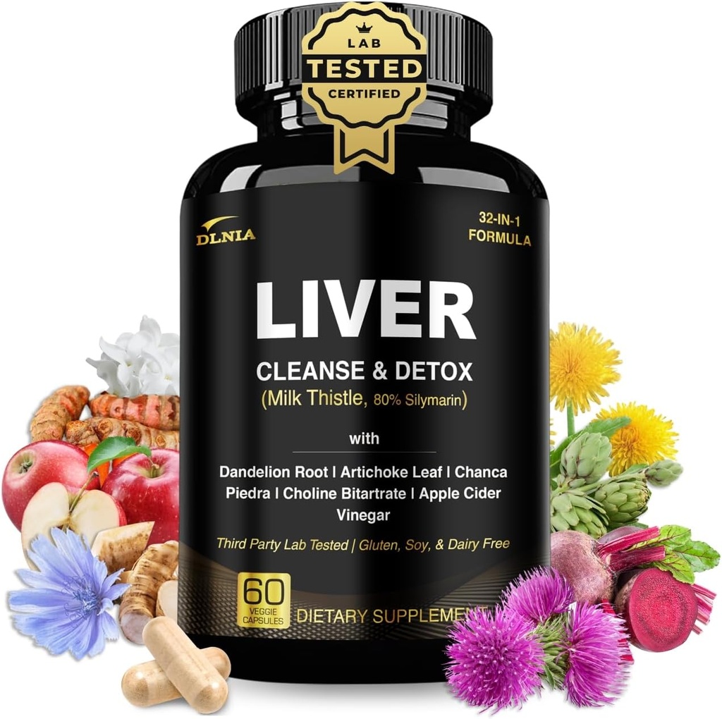 32 in 1 Liver Cleanse Detox & Reparatii Formula cu Otet de cidru de mere, Milk Thistle Supliment, Artichoke, Dandelion Root Supliment - Non-GMO & Vegan Herbal Liver Support & Reparation