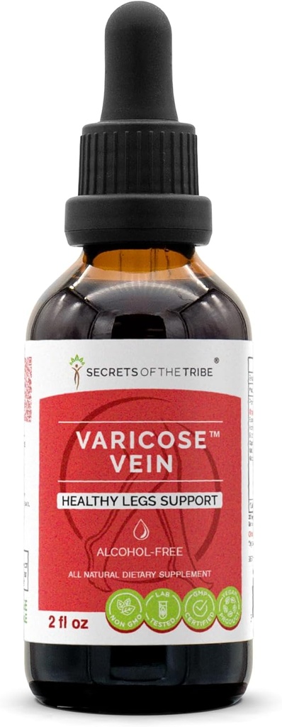 Secretele tribului Varicose Bein Alcool-Free, Glocerite Butcher's Broom, Horse Chestnut, Bilberry, Cayenne, Gotu Kola, Grape. Tinctură, Extract de plante suport picioare sănătoase 2 OZ