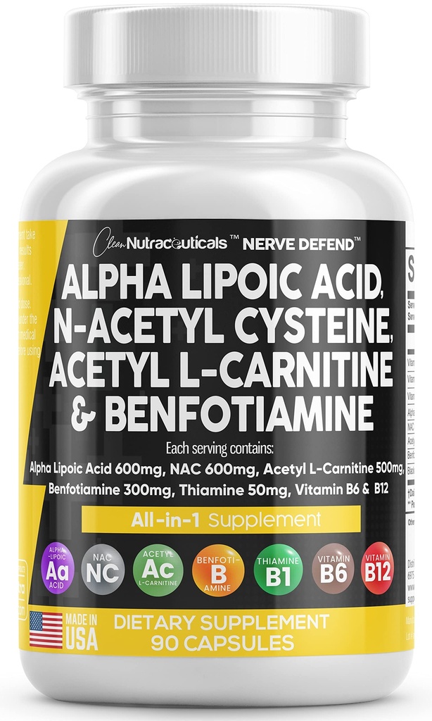 Alpha Acid lipoic 600mg N-Acetyl Cysteine 600mg Acetil L-Carnitina 500mg Benfotiamină 300mg - Nervi Supplement pentru femei și bărbați cu vitamina B1 B6 și B12 - Made in USA 90 Caps