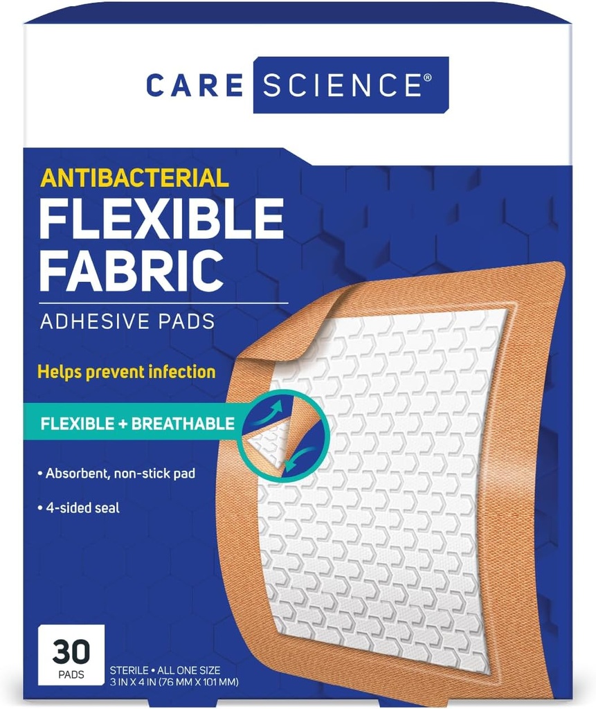 Care Science Fabric Bandaje adezive Pad, 3x4 inch Extra Large Flexible non-Stick Strip, Ajuta la prevenirea infectiei, protectie respirabila, pentru primul ajutor si ingrijirea ranilor, 30 Conte