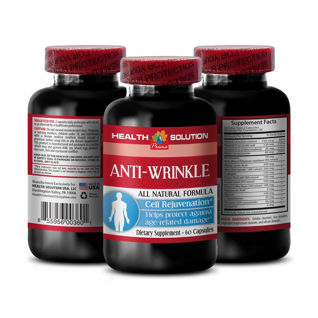 Vitamina E colagen - ANTI-WRINKLE COMPLEX - mineralele pielii, formula naturala anti-îmbătrânire, anti-riduri capsule pentru fata, ser anti riduri, acid alfa lipoic, anti-riduri pentru femei, 1B 60 Capace