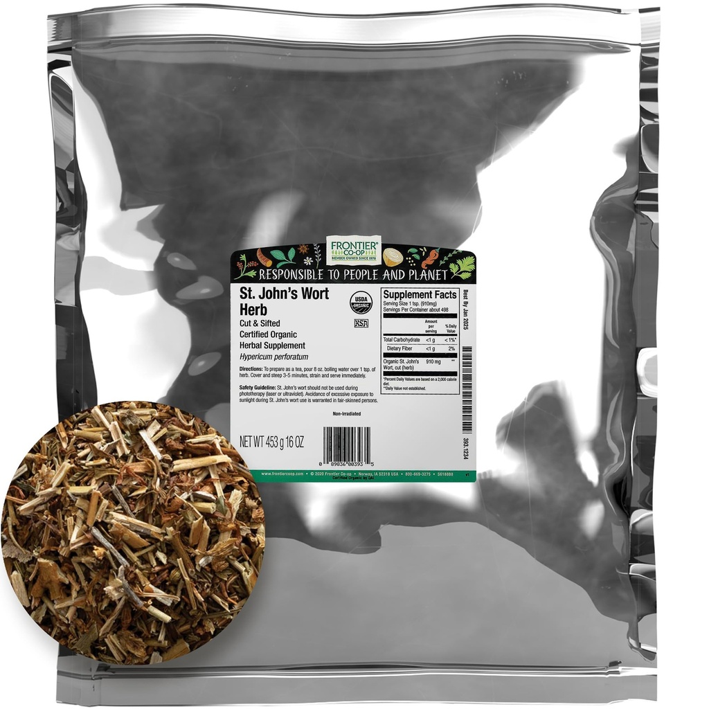 Frontier Co-Op Organic Cut and Sifted Saint John's Wort Herb 1lb - Sed Herb For St Johns Wort Organic Tea or Diy Capsules, Oil, Tincture, Supliment