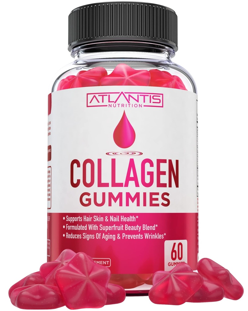 Atlantis Nutritie Colagen Peptides Gumies pentru femei - Formulat cu tipul I & III - Vitamina si Superfructe Beauty Blend - Formulat pentru a sprijini parul, unghii si piele Sanatate 