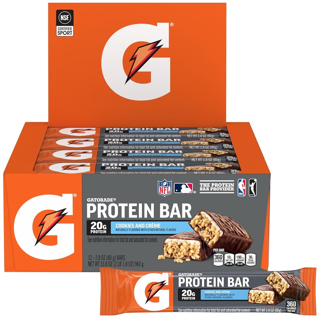 Gatorade Whey Proteine Bars, Cookie-uri & Creme, 2.8 oz bars (Pachet de 12, 20 g de proteine per bar)