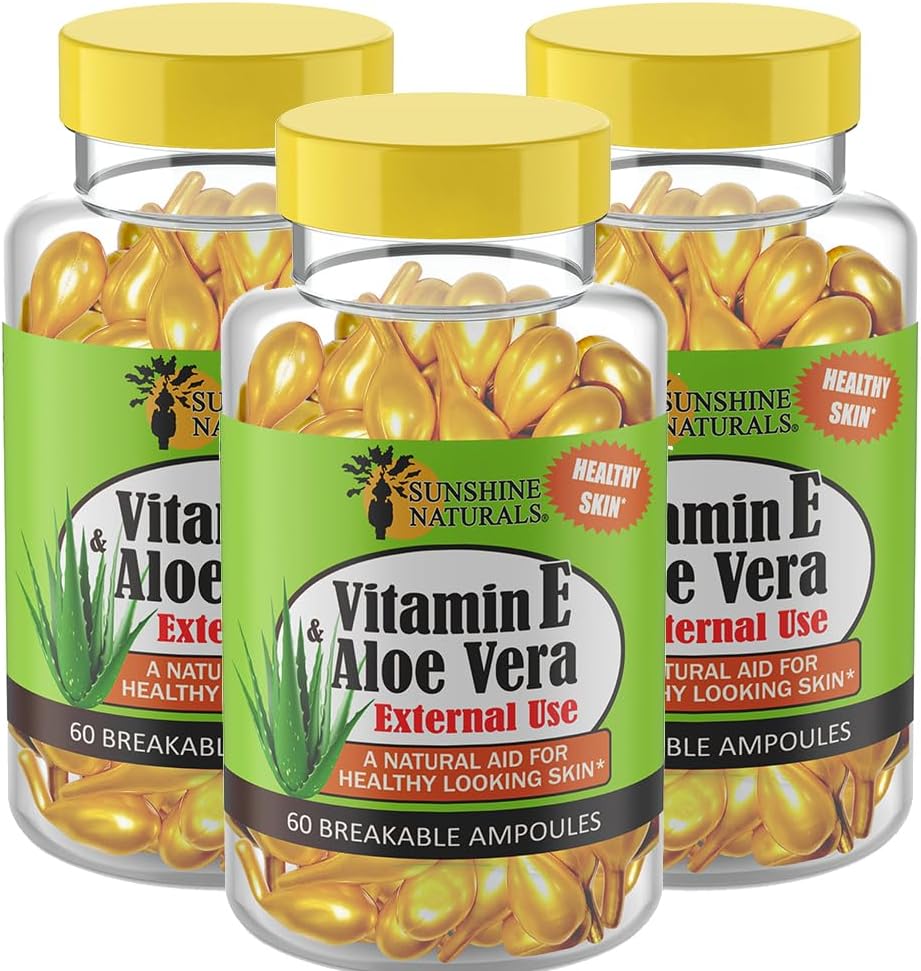 Sunshine Naturals Vitamina E și Aloe Vera Moisturizer. Formula de hidratare pentru piele uscată, relief soothing, nutrisment, și Elasticitatea pielii. Promovează pielea moale şi sănătoasă. 60 flacoane. Cutie cu 3 flacoane