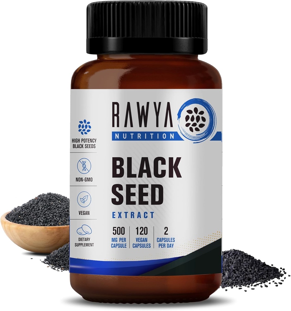 RAWYA Nutriție Black Seed Extract, Nigella Sativa, Black Cumin Seed Powder, 500 mg Fiecare, promovează Wellness, Flexibilitate, și Radiant Skin, Halal, Vegan, Pure & Natural Supliment - 120 Vegan Capsule