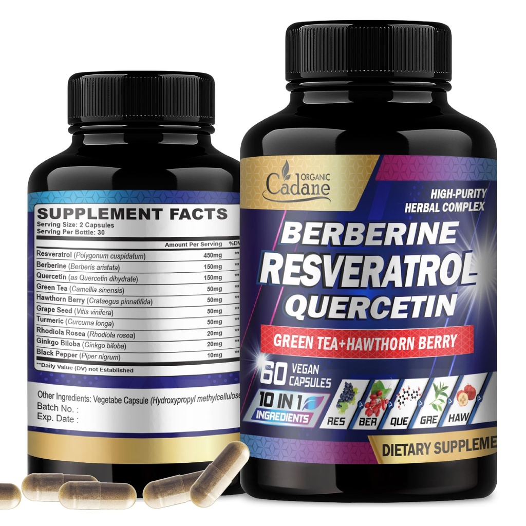 Cadane Resveratrol Supliment - 10in1 Plus cu Querbetin, Berberine, Ceai Verde, Seminte de struguri, Hawthorn Berry, Turmeric, Rhodiola Rosea, Ginkgo Biloba, și Black Pepper - 60 capsule