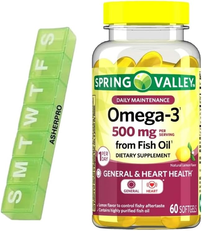 Spring Valley Omega-3 Ulei de pește, 500mg, Omega 3 ulei de pește, ulei de pește Omega 3 Suplimente,Omega3, Omega 3 Suplimente de acid gras, Suplimente de ulei de pește,= 60 Conte + Organizator de pastile