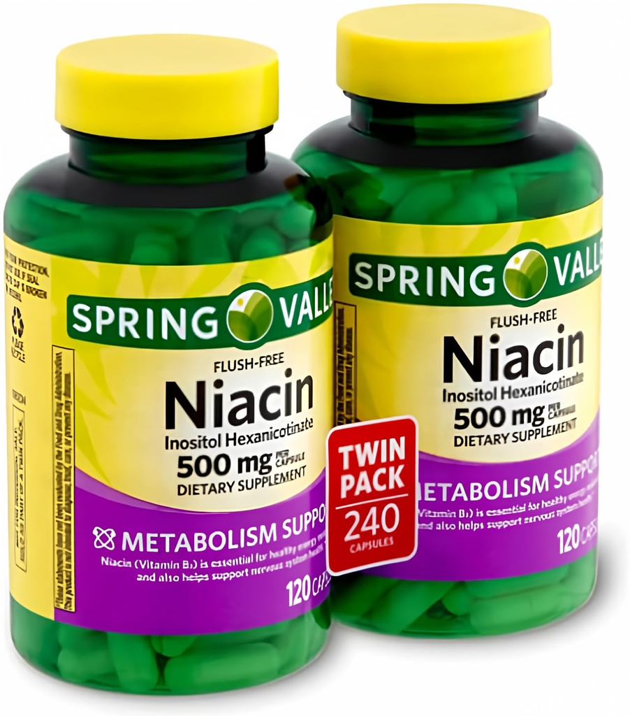 Valea primăverii - Niacină fără culoare (B-3) 500 mg, 240 capsule (2 flacoane a 120)