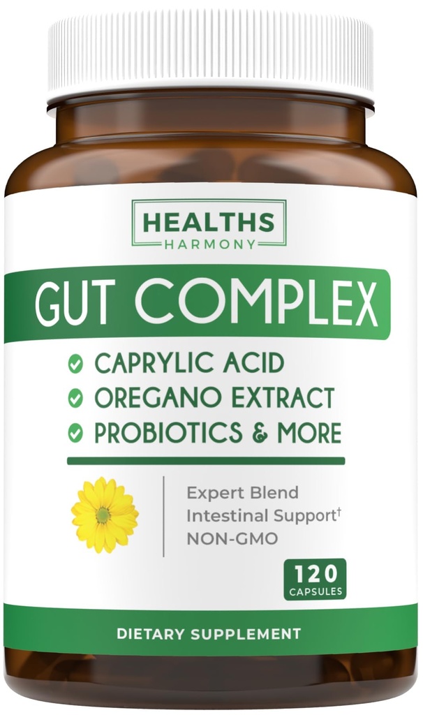 Suport Candida (120 capsule) - Acid caprilic, ulei Oregano & Probiotice ajuta la mentinerea deja normale nivele de drajeuri si Candida - Vegetarian, non-GMO Supliment intestinal - Gut Cleanse (Fără pastile)