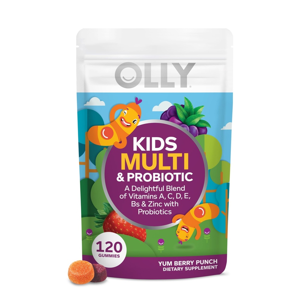 OLLY Copii Multivitamine & Gummy Probiotic, Suport digestiv, Vitamine A, D, C, E, B, Zinc, Supliment masticabil, Aroma Berry, 60 zile de aprovizionare - 120 Conte