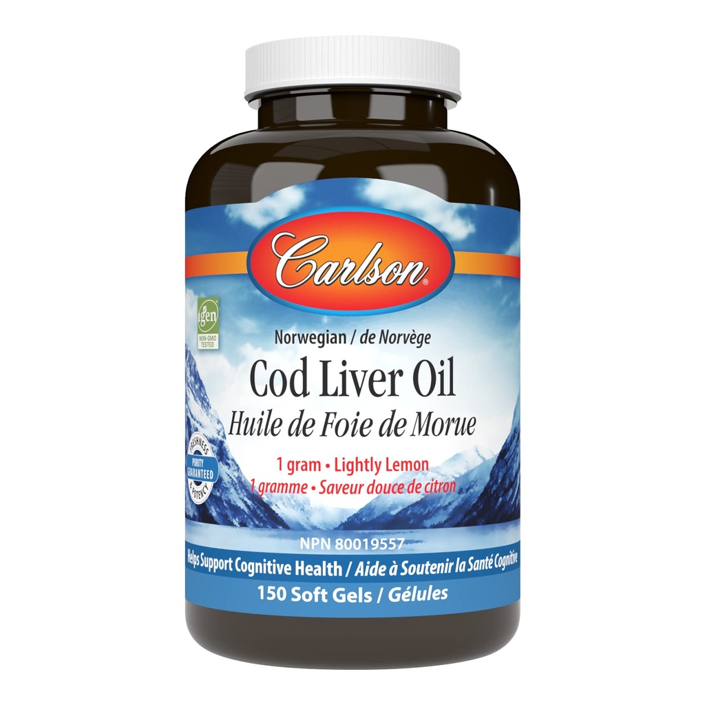 Carlson - Cod Oil Oil Gems, 460 mg Omega-3s + Vitamine A & D3, ulei Arctic de cod-Liver, capsule nordice de ulei de pește, Lemon, 150 Geluri Soft